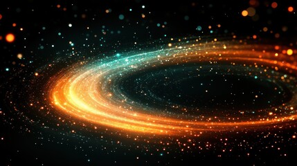 Cosmic swirl of vibrant energy.  Spiral galaxy, glowing with orange and teal light.  Cosmic dust particles scattered