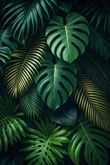 Lush green foliage depicting tropical plants and various leaf arrangements with subtle details