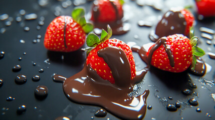 Strawberries with Chocolate and Droplets on Dark Surface