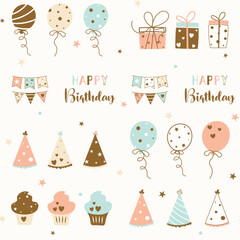 happy birthday  seamless pattern, packaging,
wrapping paper, textile, fabric, celebration, camera, hat, party, balloons, gift, decoration, birthday text, typography