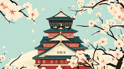 Naklejka premium Osaka Castle with Cherry Blossoms, and Spring. (2)