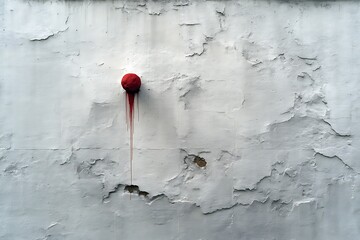 A single red ball, dripping with red paint, attached to a weathered white wall creates an abstract, urban composition.
