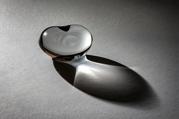 A minimalist silver glass heart-shaped object casts a dramatic shadow, a study in light and form.