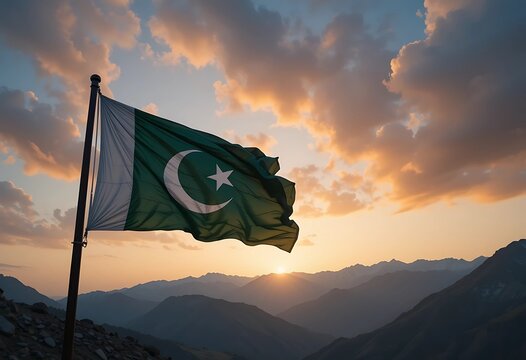 Real Pakistani flag fluttering in the wind near the Kashmir border, captured with a vivid sky backdrop—high-quality stock photo of patriotism and resilience.

