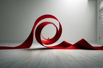 A swirling red ribbon creating a dynamic abstract form in a minimalist white room with wooden floor.