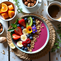 Plant-based breakfast with fruits and nuts