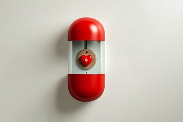 A red and white pill-shaped capsule containing a wooden heart with a lightning bolt, symbolizing health and energy.