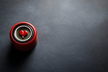 A minimal still life composition featuring a single red heart in a small red container on a dark background.