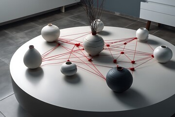 A Minimalist Still Life with Red String Art and White and Gray Ceramic Vases on a Round Table