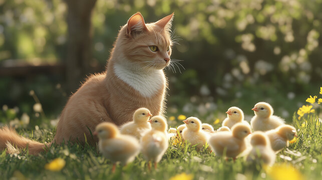 Ginger cat sitting calmly among fluffy chicks in sunlit garden   - Powered by Adobe
