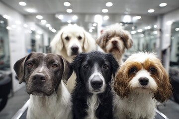 Five dogs posing with curious expressions in a grooming salon.