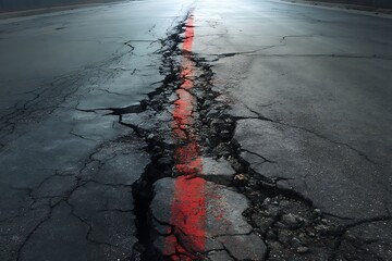 A cracked asphalt road with a bold red line symbolizing division or a path through destruction.