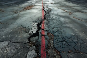 A cracked and weathered asphalt road with a fading red line.