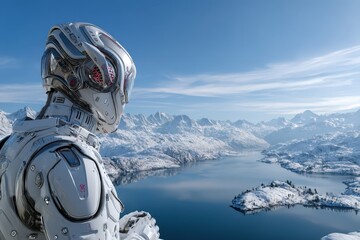 Futuristic robot overlooking snowy mountains and lake.