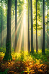 Fototapeta premium Majestic sunlight streaming through tall trees in a lush green and yellow forest scene