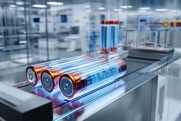 Futuristic batteries on a sleek conveyor in a high-tech manufacturing facility.