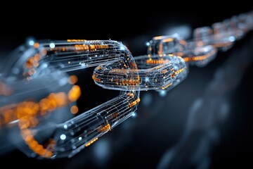 Digital blockchain chain with glowing nodes.