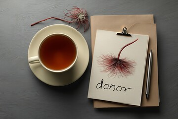 A cup of tea with a donation note and a flower drawing