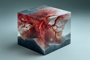 A glass cube filled with a delicate network of red veins resembling a tree, creating a captivating abstract art piece