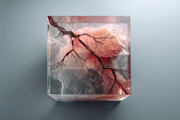 A heart frozen in time, veins and arteries delicately preserved in a transparent cube, capturing the intricate network of life, a powerful and unsettling image.
