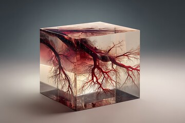 A glass cube encasing a network of red veins, reflecting on scientific art.