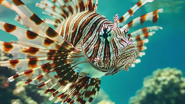 Closeup of a vibrant common lionfish showcasing its striking fins and intricate patterns in clear blue waters, Closeup of Common Lionfish or Red Lionfish (Pterois volitans) swims in the Red sea