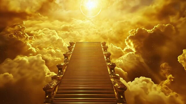 Stairway made of gold leading to a bright celestial sunlight in a heavenly setting, Gold Stairway to The Sky in heaven Seamless ing 4K Virtual Video Background