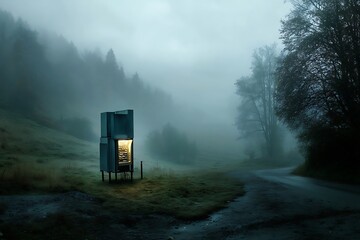 A lonely illuminated structure stands on a misty road through a dark forest.