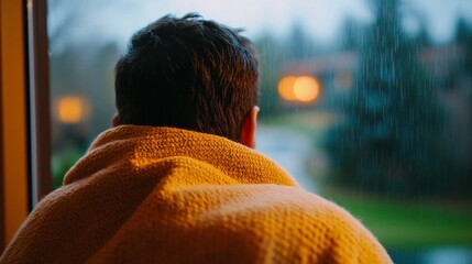 A person wrapped in a blanket gazes out of a window at the rainy outdoors