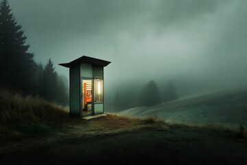 A lonely phone booth glows in the misty forest at night.