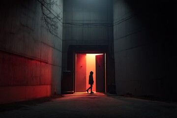 A lone figure silhouetted against a vibrant red doorway in a dark urban setting.