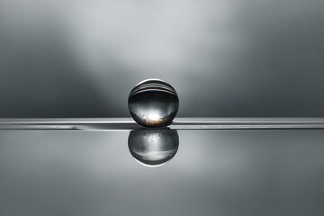A single glass sphere rests on a sleek silver surface, its reflection mirroring the perfect symmetry and stillness of the composition.