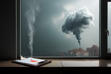 A somber reflection on urban industrial pollution seen through a window, showcasing art supplies and dark clouds.