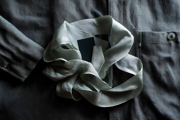 A delicate silk ribbon draped over a dark shirt.