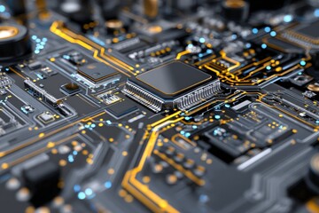 Close-up of electronic motherboard with microchip.