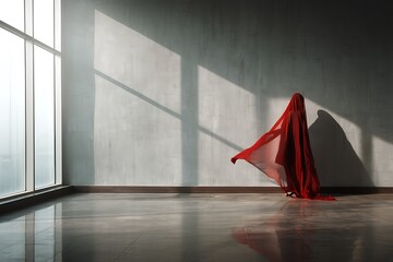 A figure draped in flowing red fabric stands in a minimalist room with natural light casting shadows, creating a sense of mystery and anonymity.