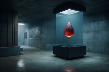 A solitary blood-red drop in a glass case, mysterious artwork in a dark gallery