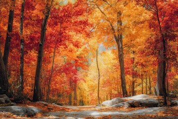 A vibrant autumn forest with leaves in various shades of red, orange, and yellow
