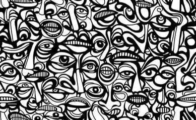Black and white pattern on a white background with highlighted cartoon faces, abstract design.Seamless drawing.