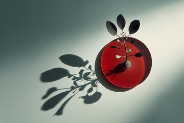 A minimalist still life featuring a small plant in a red circular bowl, with its shadow cast dramatically beside it.