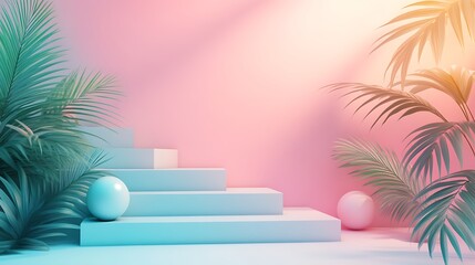 Pastel Steps with Palm Leaves, and Product Display.