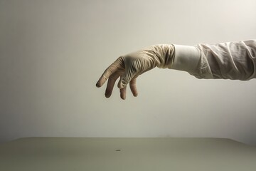 A gloved hand reaches down towards a small object on a table in a sterile environment.