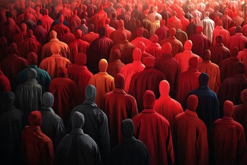 A sea of anonymous red-clad figures, a powerful visual representation of collective identity and societal conformity.