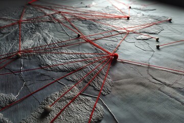 Red threads connecting points on a textured world map, symbolizing global networks and interconnectedness.