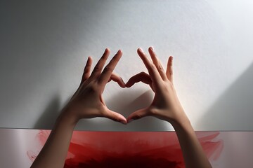 A pair of hands forming a heart shape against a white background with a soft red and pink hue, creating a simple and intimate gesture of love.