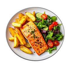  Grilled Salmon with Crispy Potatoes and Mixed Greens, Top View, PNG Isolated 