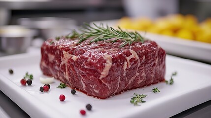 Fototapeta premium Fresh raw beef cut with herbs on white plate ready for cooking