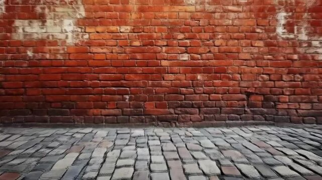 Weathered red brick wall meets cobblestone street in urban landscape
