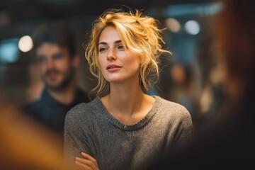 Startup CEO leads team strategy meeting by glowing collaborative digital screen