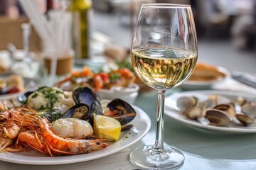 Seafood platter with glass of white wine outdoors.